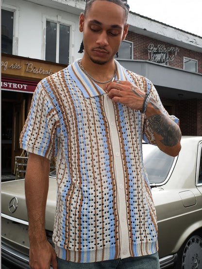 Men's Short Sleeve Summer Fashion Retro Knit Lapel Top Solid Color Soft Breathable Light Polo Knitwear Men US Size