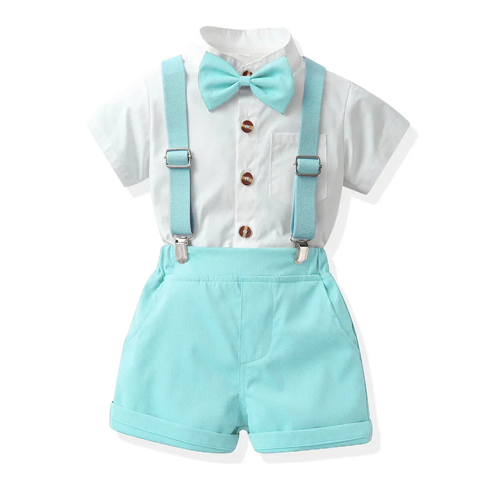 Children Formal Clothing Summer Comfortable Two Piece Set Kid Short Sleeve Shirt Bow Tie Suspenders Shorts Boy Elegant Outfit