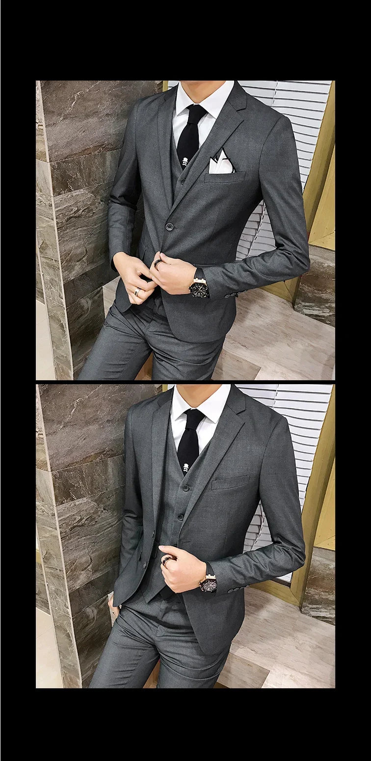 Suit (Blazer+vest+pants) Men's Fashion Business Korean Version of Solid Color Slim-fit Wedding Professional Gentleman Dress 6XL