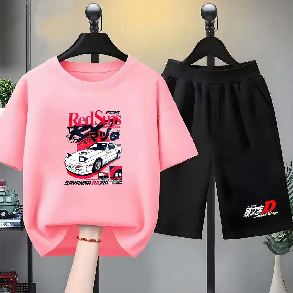 Summer Cool Boy Girl Tshirt Children T-shirt+Shorts Set Japanese manga racing car Fashion Print Toddler 3-12Yrs white clothing