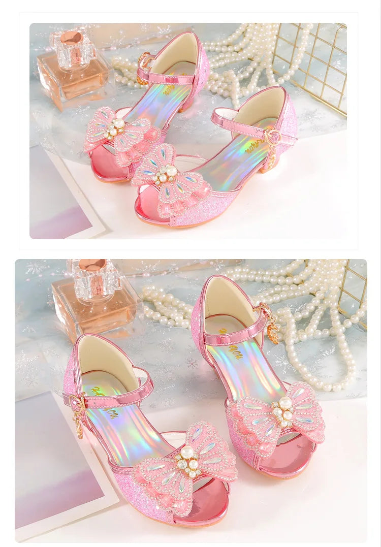 Children's Princess Shoes Summer New Girls' Performance High Heels Fashion Pearl Bow Baby Crystal Sandals