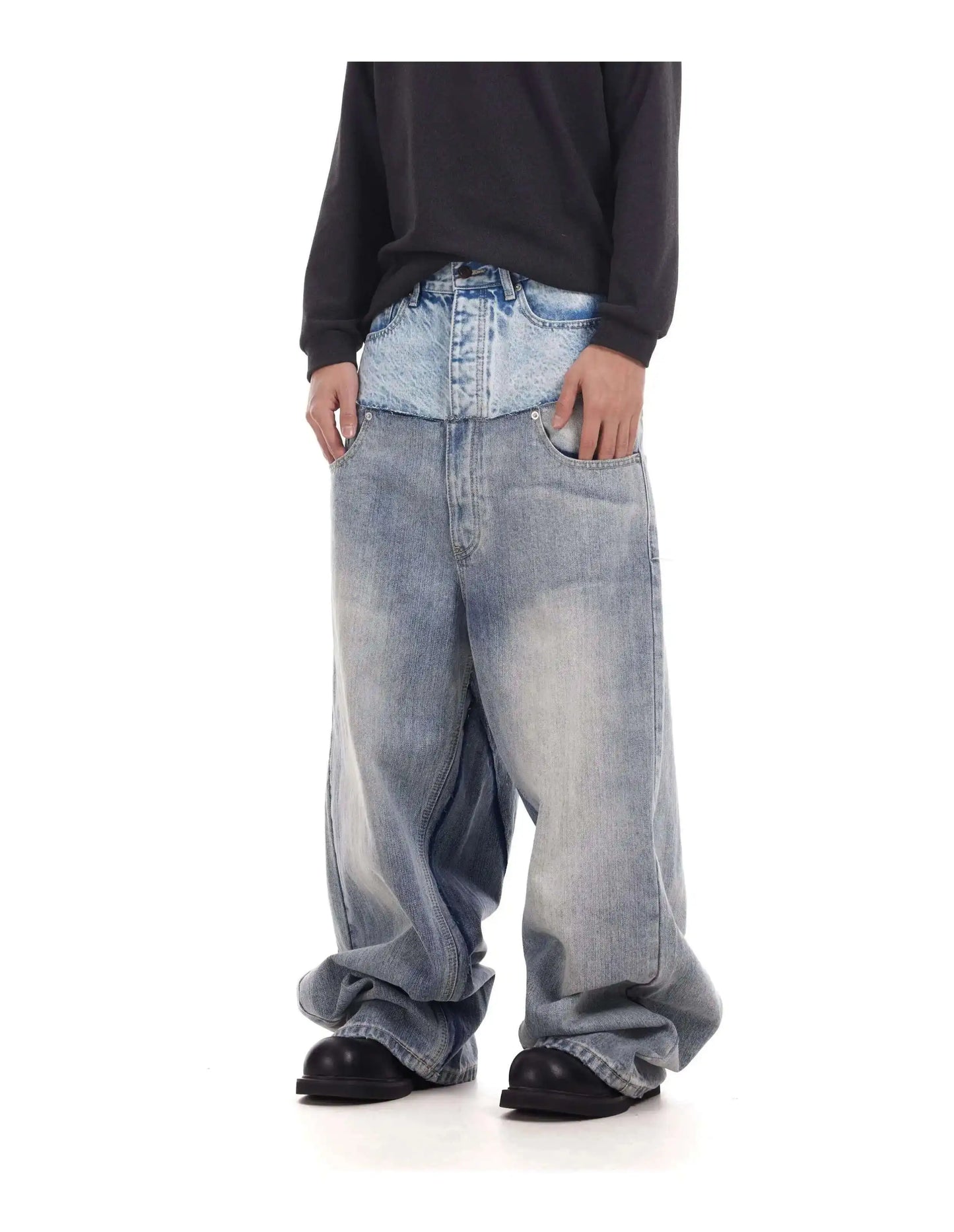 Niche Colorblock Patchwork Wide Leg Blue Jeans Men's Spring 2025 New Straight Double Waist Design Denim Trousers 28W6048