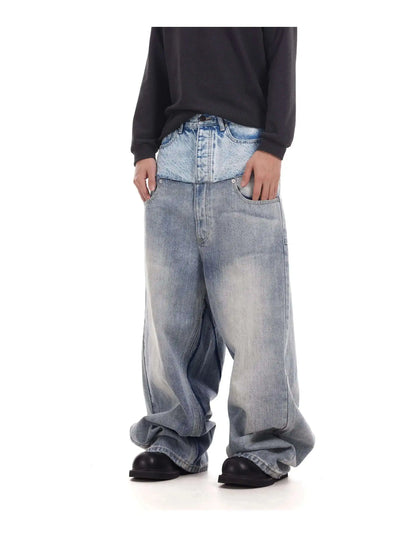 Niche Colorblock Patchwork Wide Leg Blue Jeans Men's Spring 2025 New Straight Double Waist Design Denim Trousers 28W6048