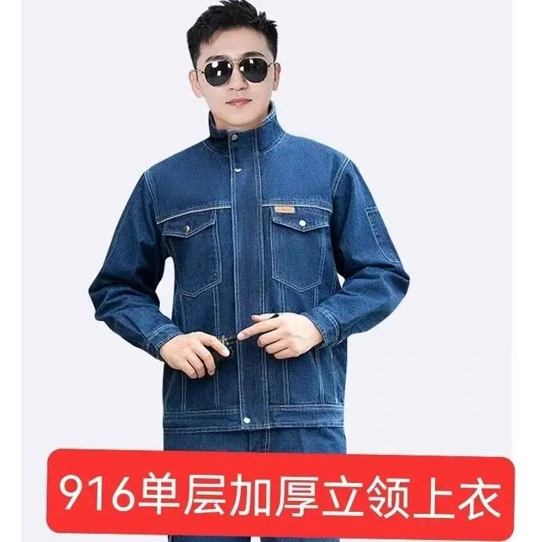 Men's Street Hip Hop Men's Loose Jeans Motorcycle Jacket Two Piece Set Harajuku Pattern Embroidered Jacket Jeans Set