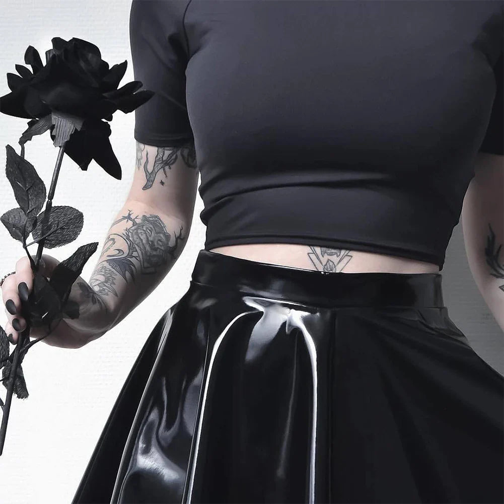 Womens Shiny PVC  Patent Leather Skirt Sexy Wet Look Leather Pleated Skirt Front Bodycon Elastic Latex Mini Short Skirt