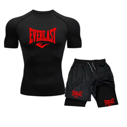 Men's Compress Shirt + 2-in-1 sports shorts 2pcs Set Leisure Breath Short Sleeve Sport Jogging Gym Brand Print Clothing