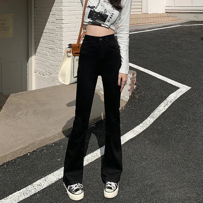 Woman American High Waist Slim Fit Bell Bottom Jeans Female Fashion Y2k Flare Pants Girls Elastic Designer Black Denim Trousers
