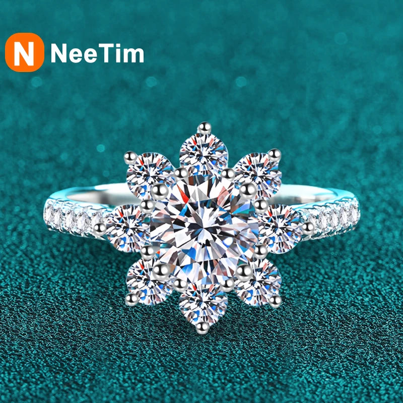 1ct 2ct Moissanite Eternity Ring 925 Sterling Silver with Gold Plated Wedding Flower Lab Diamond Rings For Women Jewelry