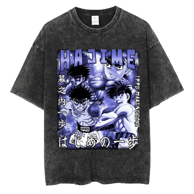 Anime Hajime No Ippo Washed Vintage T-shirt Kamogawa Boxing Gym Harajuku T-shirts Makunouchi Takamura KGB Loose Cotton T Shirt
