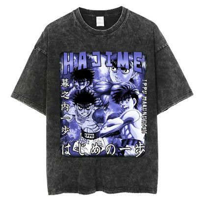 Anime Hajime No Ippo Washed Vintage T-shirt Kamogawa Boxing Gym Harajuku T-shirts Makunouchi Takamura KGB Loose Cotton T Shirt