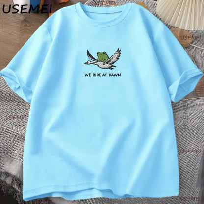 We Ride At Dawn T-Shirt Funny Frog and Goose Tee Casual Cotton Short Sleeve Round Neck Tshirt Streetwear Male Clothing Y2k