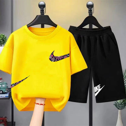 Print black white Short Sleeve Children's T-shirt Set Sports Fashion Boys Girls tops+Shorts Casual Kid new Summer Set