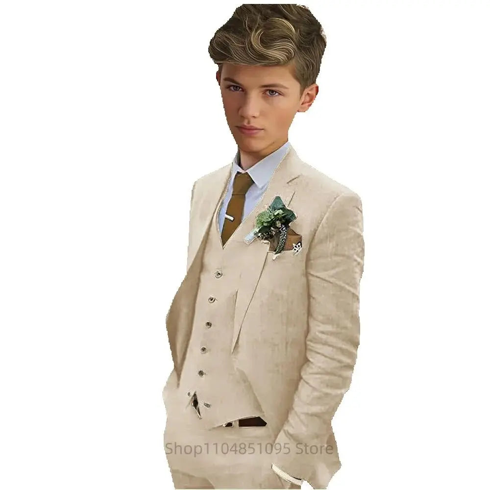 Elegant 3 Pieces Linen Suit for Boy Wedding Dresses Casual Boys Suit Set with Notch Lapel Fitted Blazer Vest Pants Casual Tuxedo
