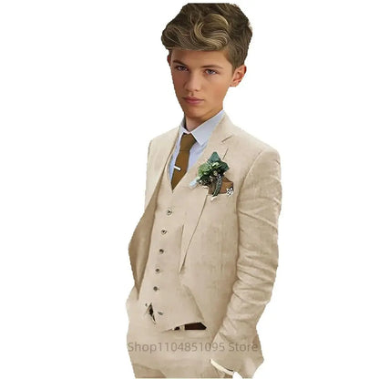 Elegant 3 Pieces Linen Suit for Boy Wedding Dresses Casual Boys Suit Set with Notch Lapel Fitted Blazer Vest Pants Casual Tuxedo