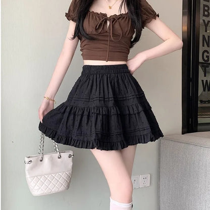Kawaii White High Waist Pleated Mini Skirts for Women Summer Slim A-Line Skirt Y2K Versatile Puff Tiered Faldas for Girls Female