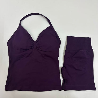 Women Yoga Set Seamless Yoga Longline Strappy Tank Top Scrunch Sports Shorts Gym Clothes Woman Summer Workout Outfit