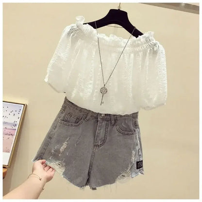 Black casual slash neck puff sleeve chiffon pullover women's blouse shirt female clothing tops fashion short blouses 2025