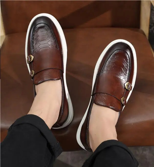 Fashion Men's Casual Shoes Snakeskin Grain Leather Men Retro British Style Loafers Monk Shoes Mens Slip-on Outdoor Driving Flats