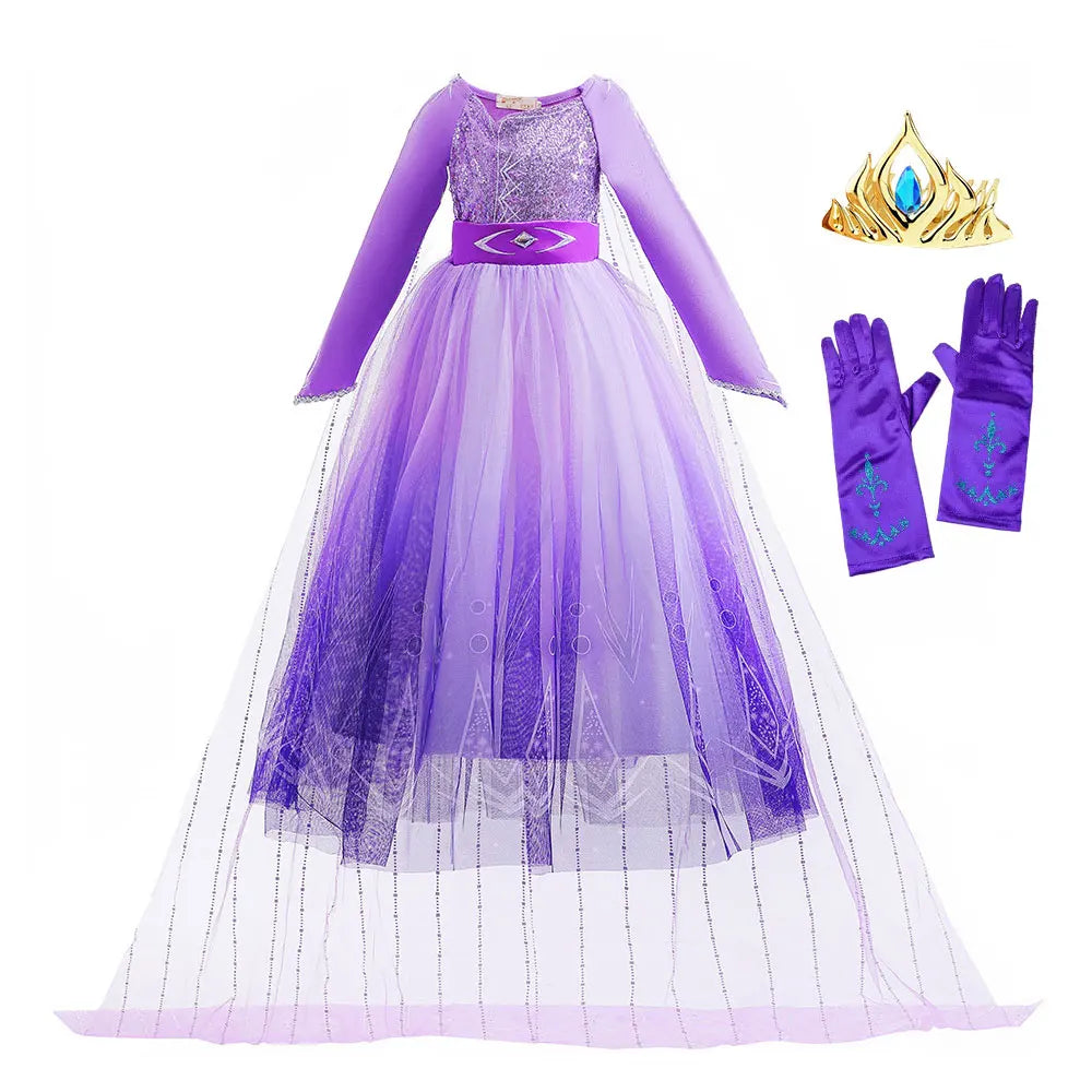 Frozen Cartoon Movie Elsa in Castle Purple Ball Gown with Long Train Princes Snow Queen Elsa Dress for Girls Role Play Halloween