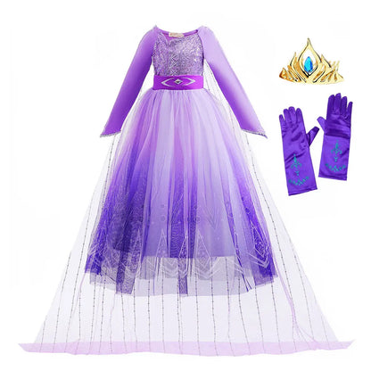 Frozen Cartoon Movie Elsa in Castle Purple Ball Gown with Long Train Princes Snow Queen Elsa Dress for Girls Role Play Halloween