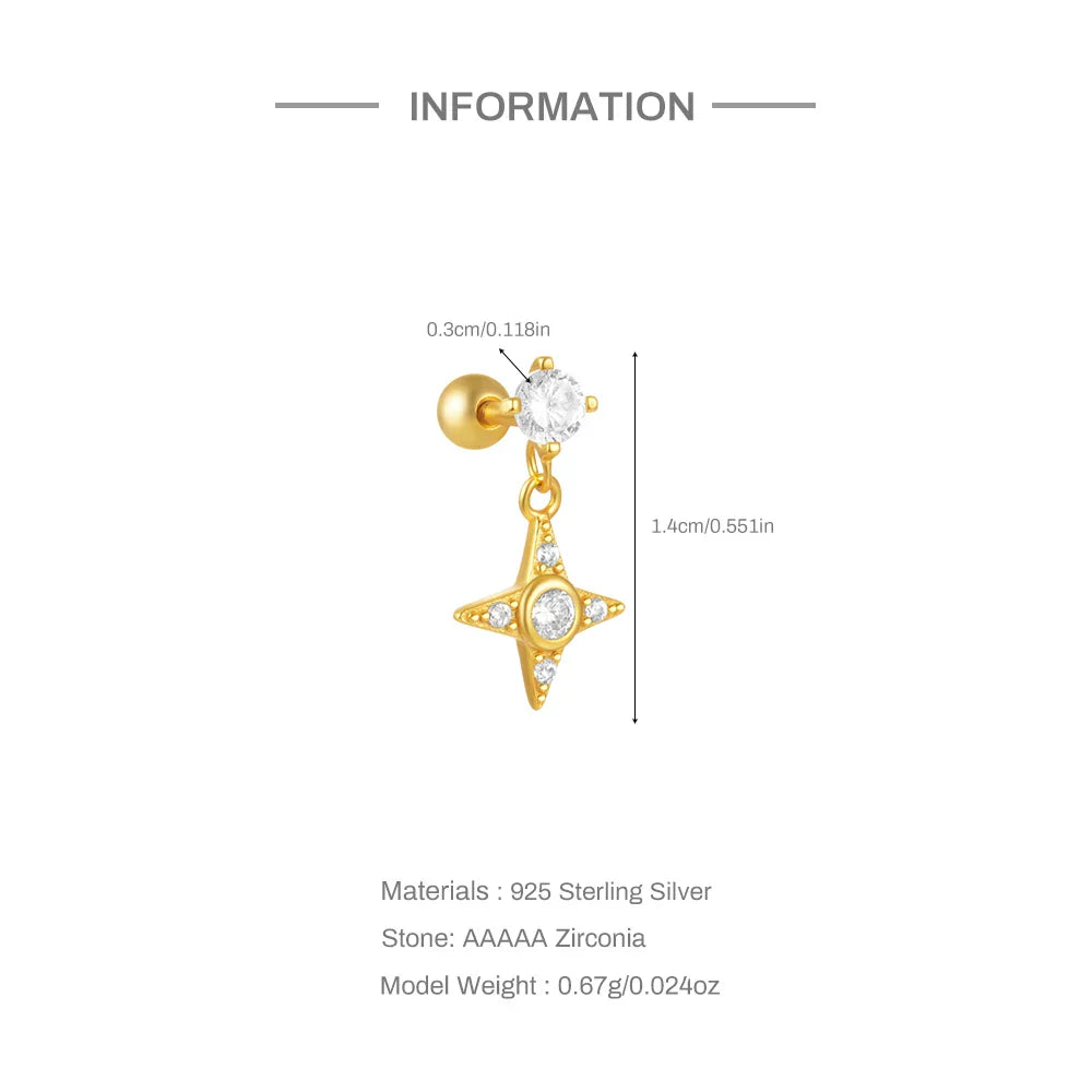 1PC 925 Sterling Silver Crown Horse Eye Zircon Heart Flat Head Cartilage Piercing Stud Earring For Women Claasic Earring