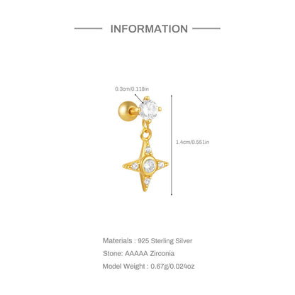 1PC 925 Sterling Silver Crown Horse Eye Zircon Heart Flat Head Cartilage Piercing Stud Earring For Women Claasic Earring