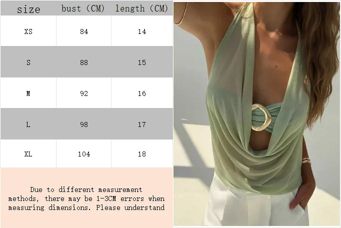 Women's Summer Vacation Sexy Semi-transparent Drop-Neck Metallic Decorated Backless Vest, Off-Shoulder Top