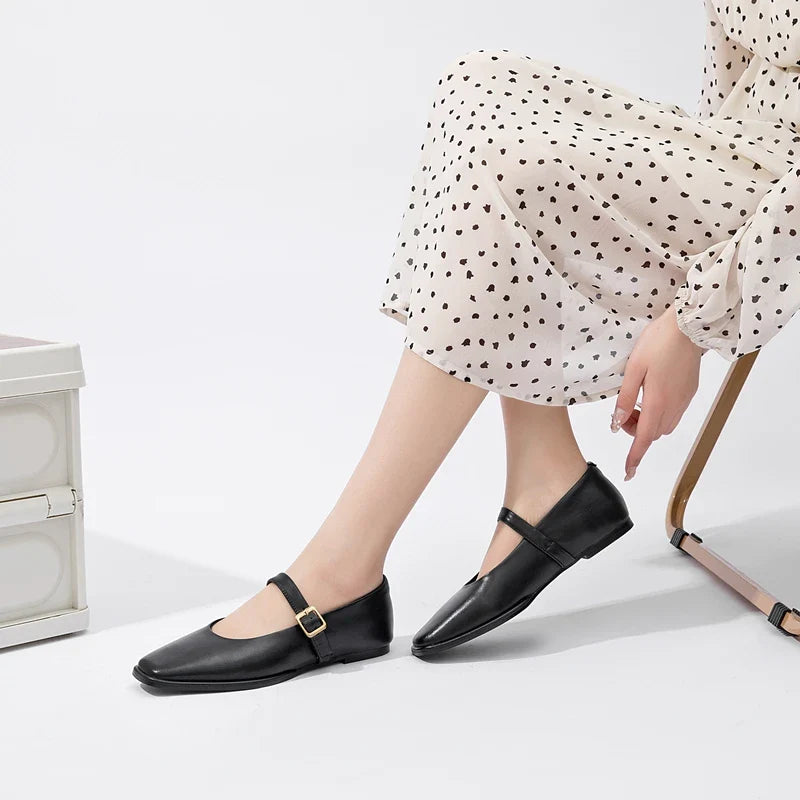 Mary Jane Shoes Female Genuine Leather 2026 New Snap Ballet Shoes Women Square Toe Flat Cowhide Ladies Shoes