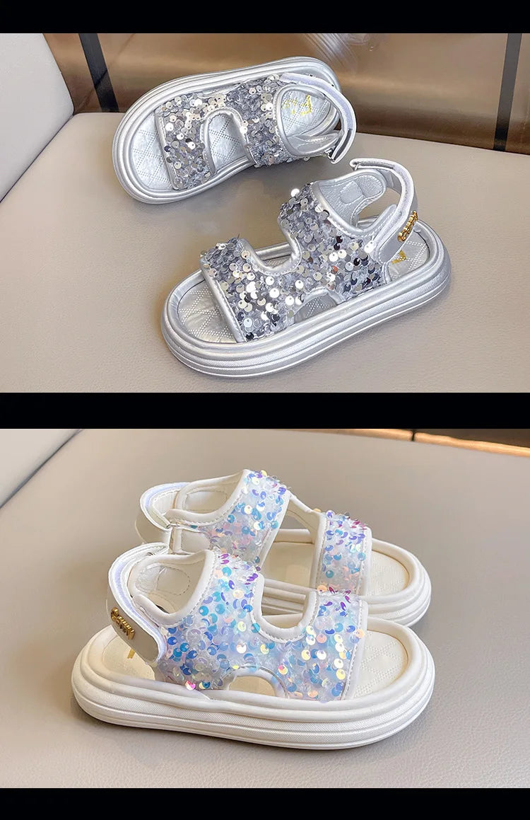 Summer Children's Sandals Sequins Thick Soled Girls Causal Princess Open-toe Sandals Fashion Non-slip Kids Beach Shoes Versatile