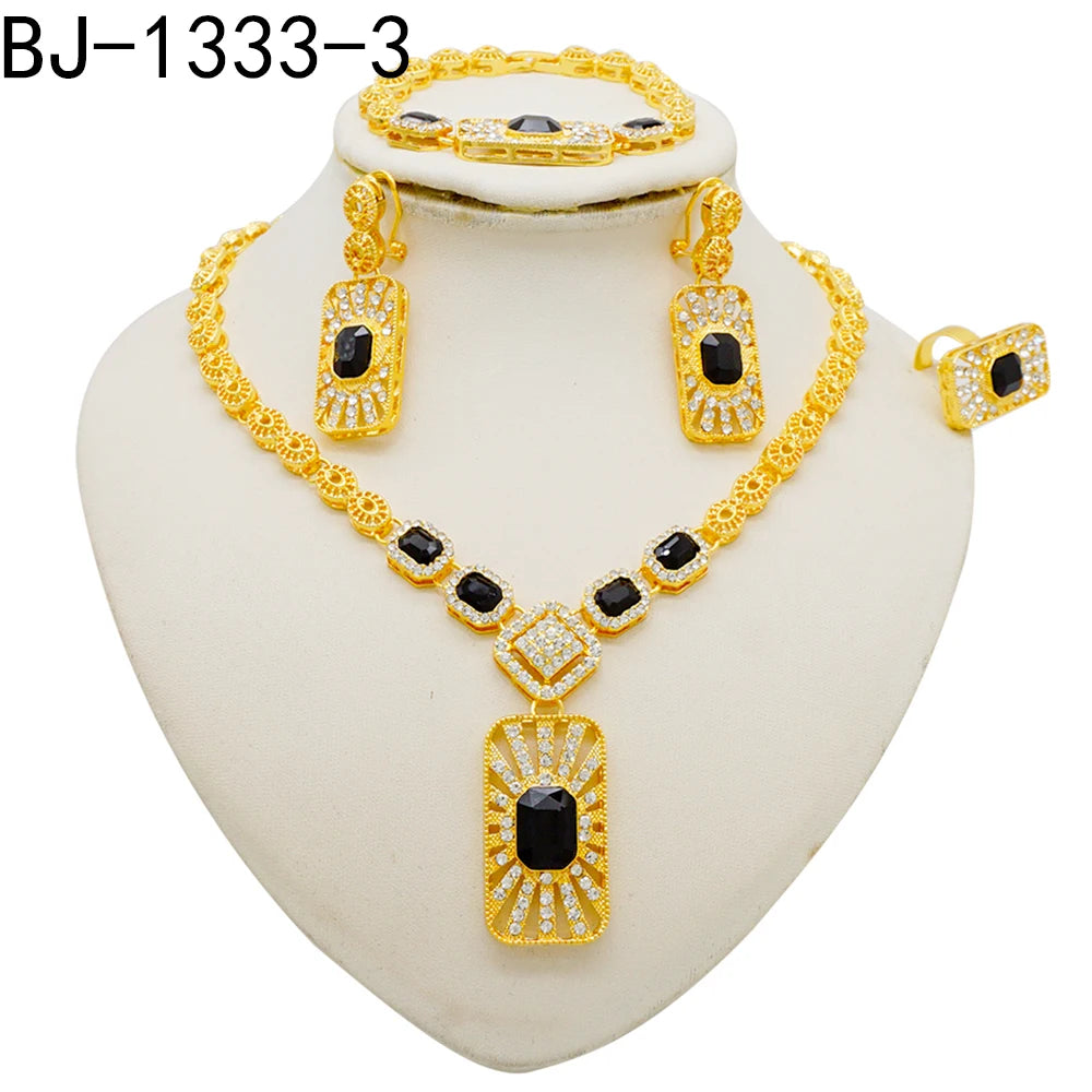 Women Gold Color Jewelry Sets Blue Pendant Necklace Earrings Bracelet Ring Sets Party Gifts