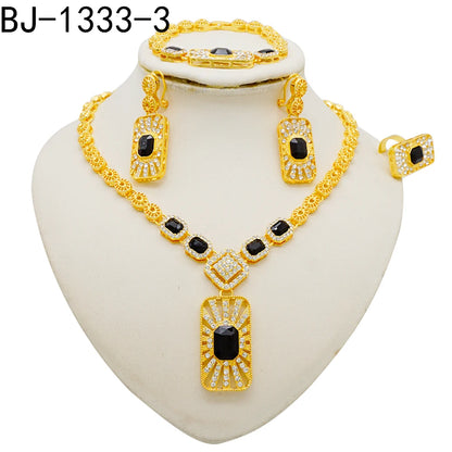 Women Gold Color Jewelry Sets Blue Pendant Necklace Earrings Bracelet Ring Sets Party Gifts