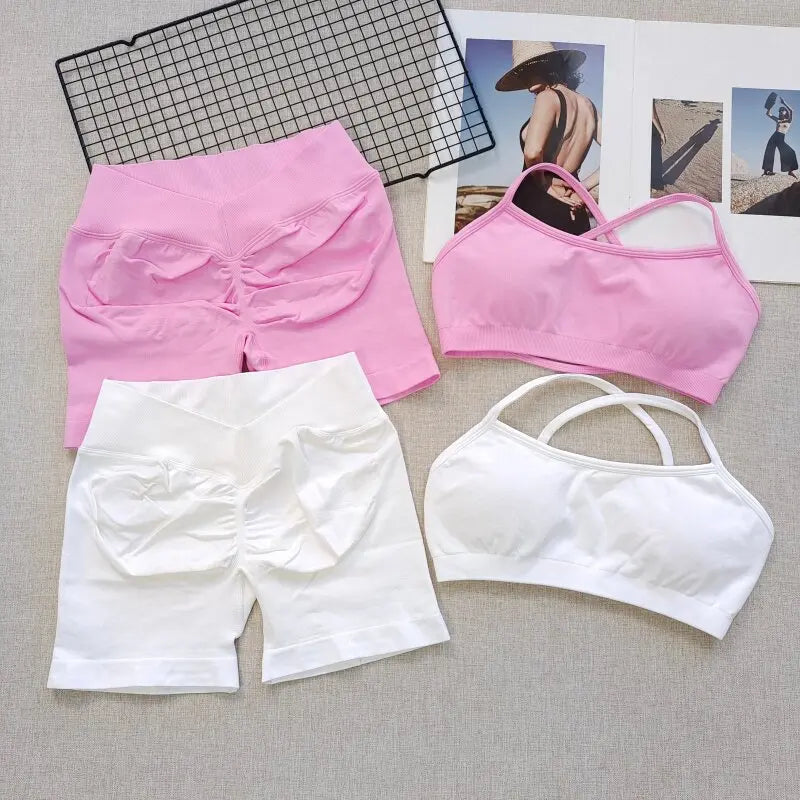 Women's Seamless Quick Dry Fitness Set Sports Bra And Hip Lifting V-Waist Yoga Shorts Pilates Training Clothing Gym Set