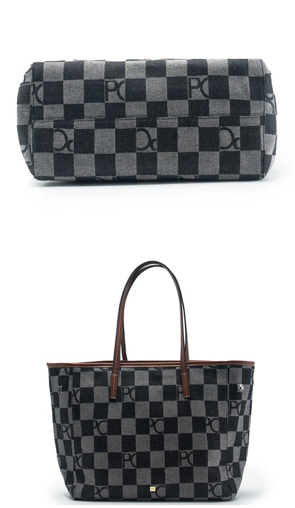 PG Shoulder Bag For Women Premium Checkerboard Canvas Tote Fashion Pink Leather Strap Handbag Elegant Office Commute Daily Bag