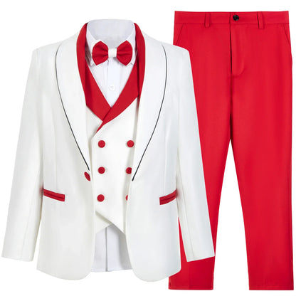 Fashion Shawl Neck Suit Set for Kids, 4-Piece Boys Communion Suits One Button Jacket Double-Breasted Vest Pants 3-14 Years
