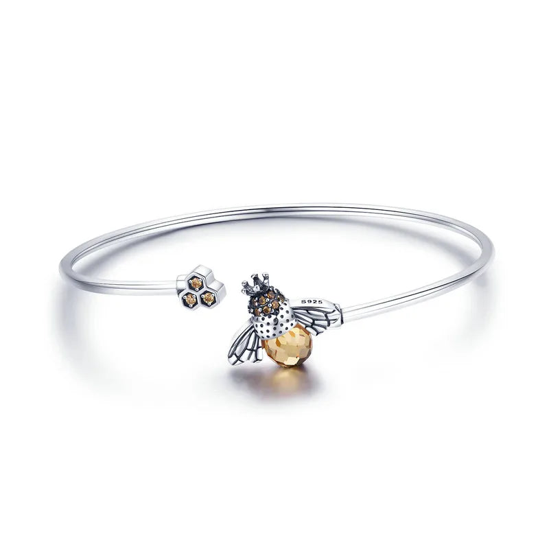 925 Sterling Silver Crystal Yellow Bee Bangle Silver Cute Insect Bracelets for Women Birthday Gift Fine Jewelry SCB104