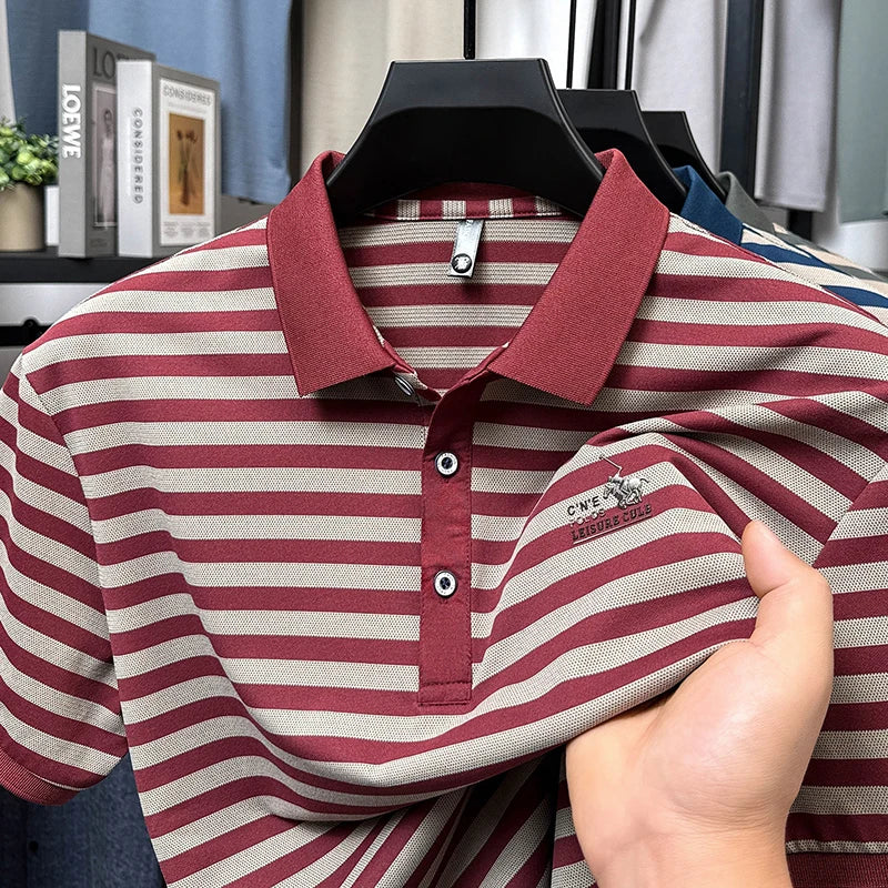 Summer High End Man Polo Shirt Striped Lapel Short Sleeve Horse Lette Print New Breathable T-Shirt Classic Commuter Menswear Top