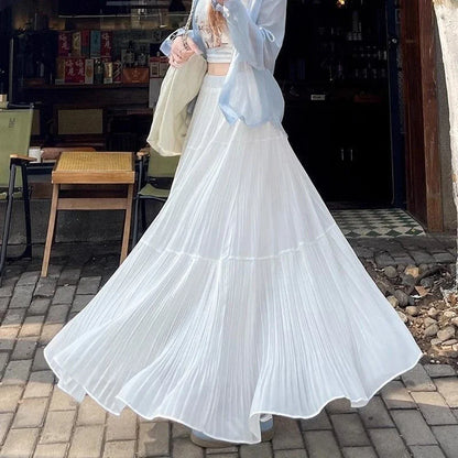 Women's High Waist Pleated Maxi Skirt, Casual A-Line Flowy Tiered Long Skirt, Elegant Beach Vacation Skirts for Ladies