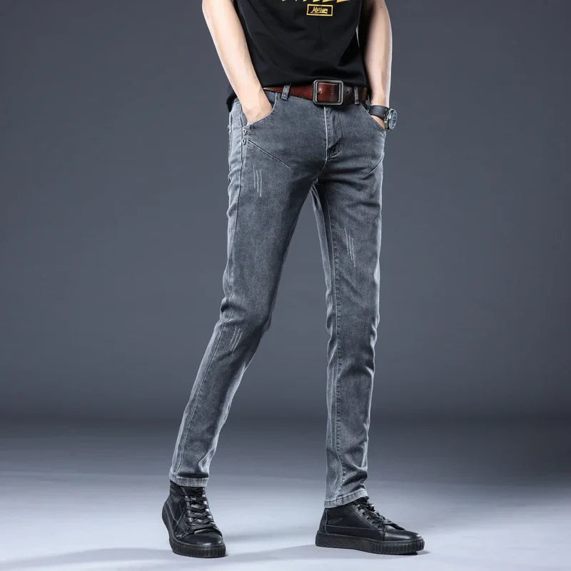 2026 New Gray Skinny Jeans Men's Slim Elastic Korean Fashion Vintage Casual Feet Male Clothing Denim Trousers 27-36