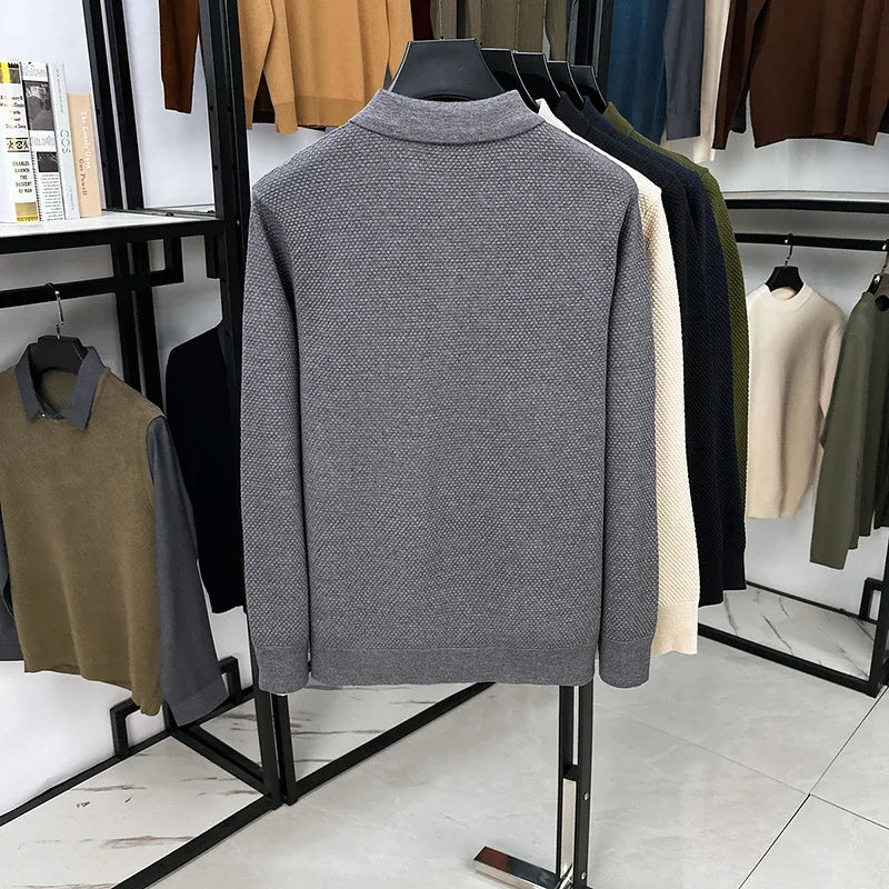 High-end Quality Men's Casual Outdoor Pineapple Pattern Knitted Long-sleeve Polo Shirt (eco-cotton, No Shrinkage No Deformation)