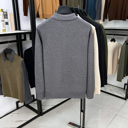 High-end Quality Men's Casual Outdoor Pineapple Pattern Knitted Long-sleeve Polo Shirt (eco-cotton, No Shrinkage No Deformation)