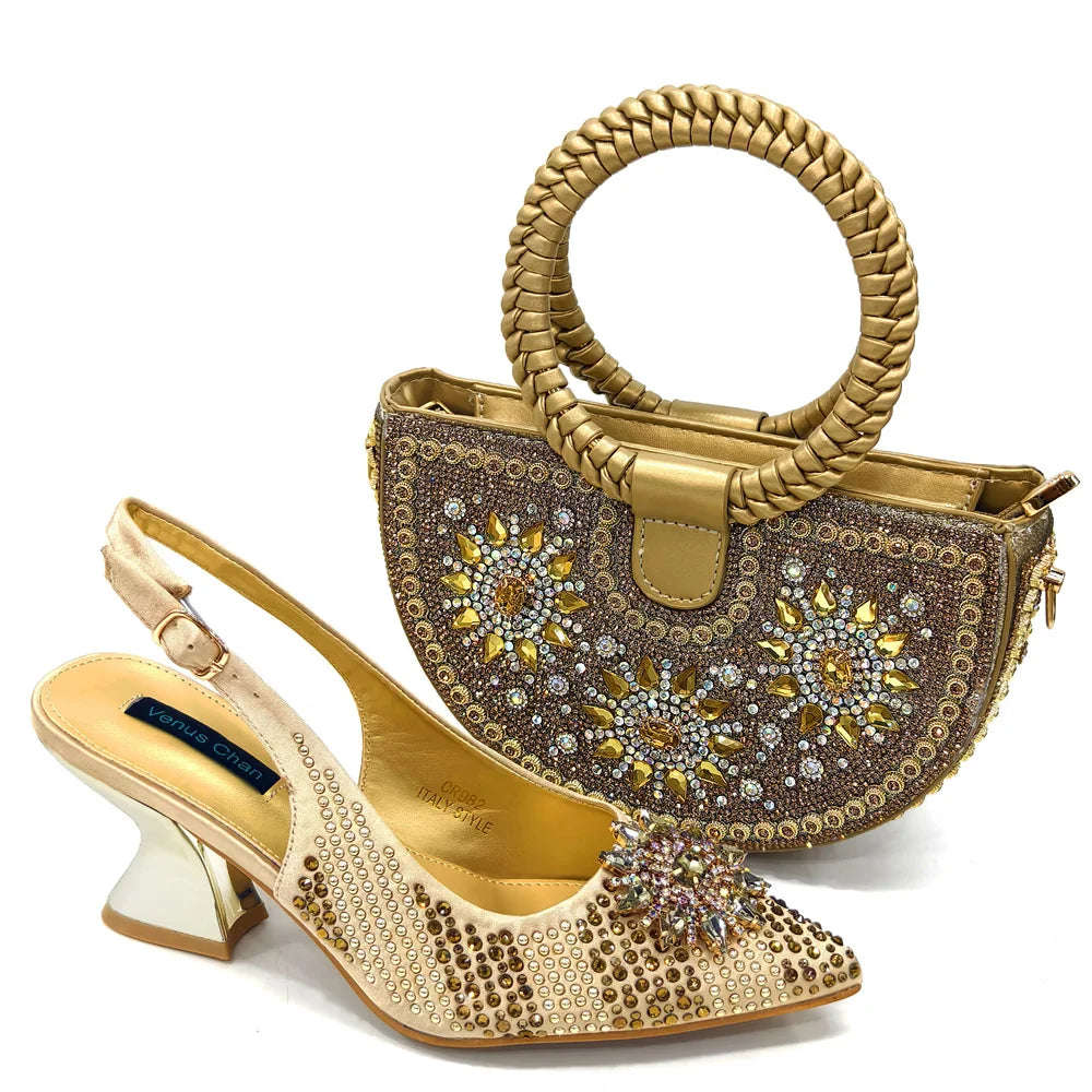 Specials Italian Women Heels Shoes and Bag Set Royal Purple Color Comfortable With Rhinestone for Party