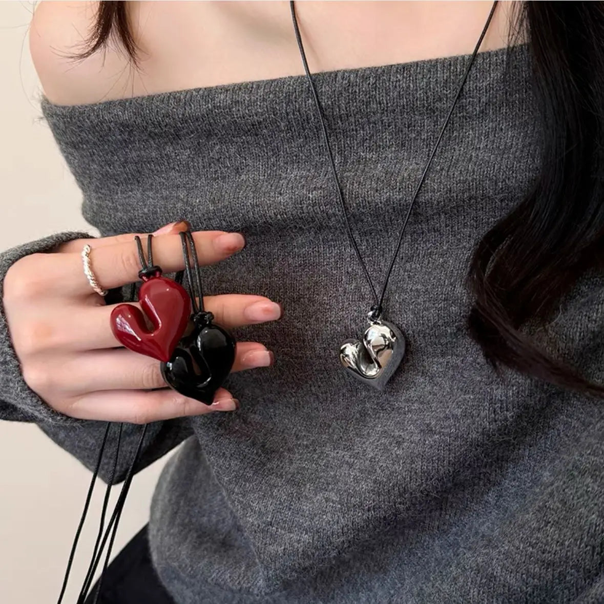 Heart Pendant Necklace for Women Men 85CM Adjustable Pull-out Sweater Chain Fashion Jewelry Accessory Gift