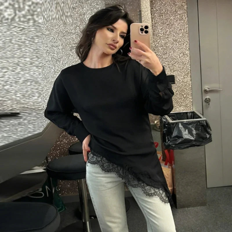 Lace Asymmetric Black Shirts Woman Blouses Spring Autumn 2026 Minimalist Women's O-Neck Long Sleeve Top Korean Style Blouse