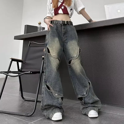 High Waist Straight Leg Jeans High Street Heavy Duty Wide Leg Pants