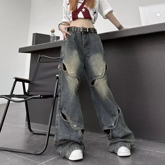 High Waist Straight Leg Jeans High Street Heavy Duty Wide Leg Pants