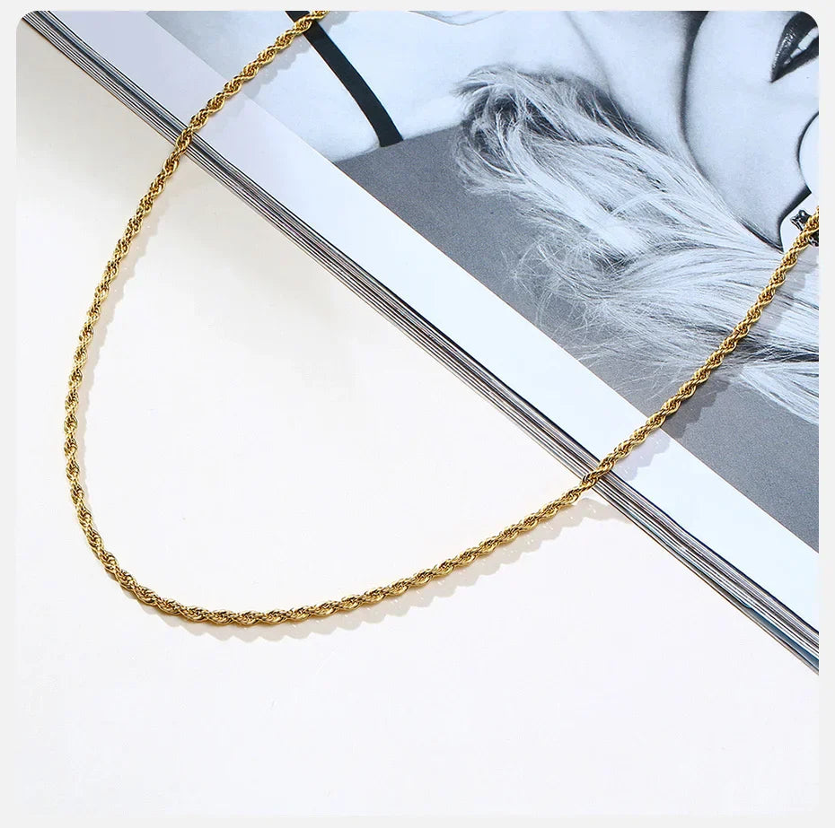 Dainty Gold Color Rope Chain Necklaces for Women Men,Chic Twisted Collar, Waterproof Stainless Steel Link 2/3/4/5mm Width