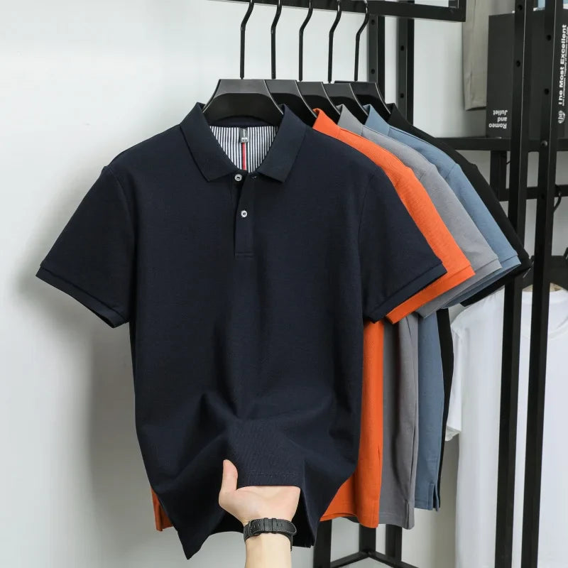 100% pure cotton short sleeved men's polo shirt summer boutique fashion high-quality top solid color collar back striped T-shirt