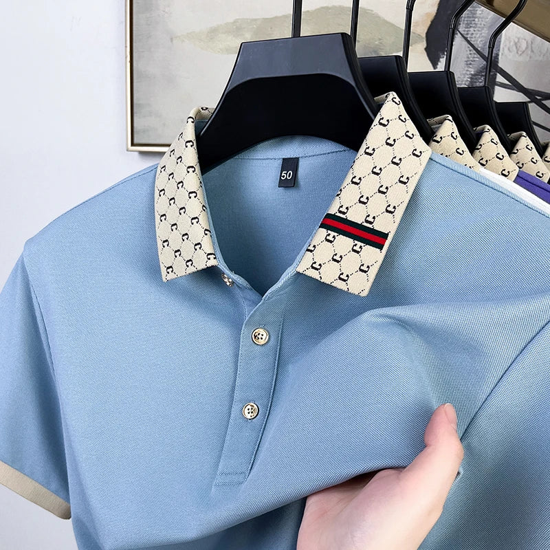 Fashion brand letter jacquard short sleeve high-end men's polo shirt comfortable and breathable summer new casual lapel T-shirt