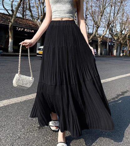 Women's High Waist Pleated Maxi Skirt, Casual A-Line Flowy Tiered Long Skirt, Elegant Beach Vacation Skirts for Ladies