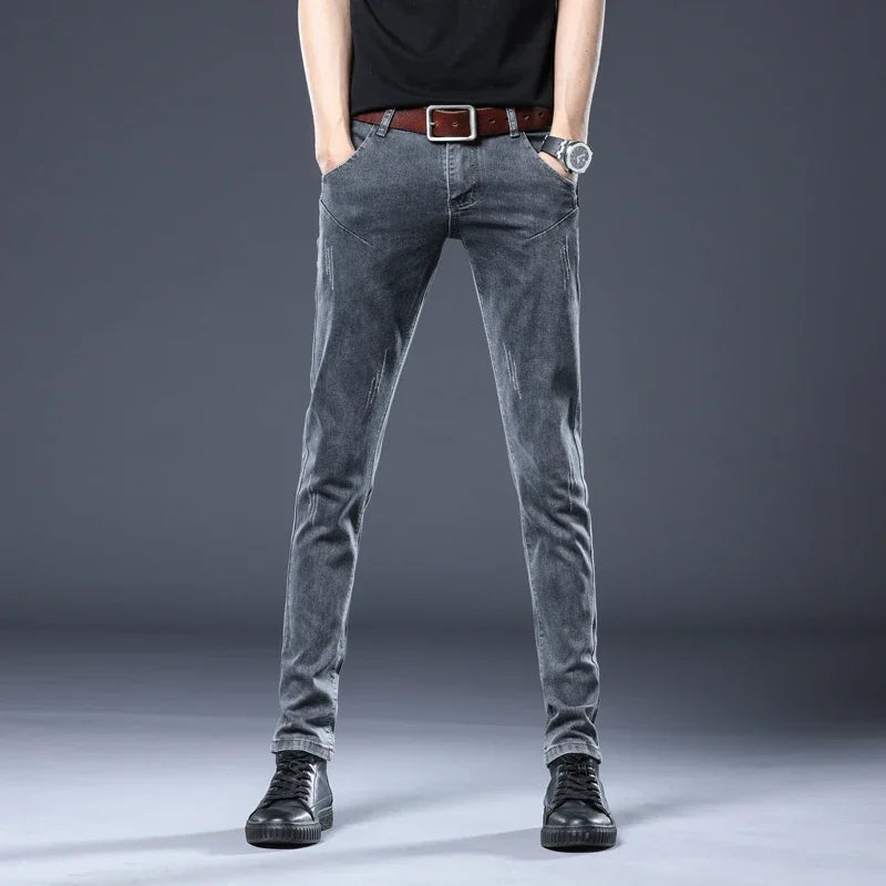 2026 New Gray Skinny Jeans Men's Slim Elastic Korean Fashion Vintage Casual Feet Male Clothing Denim Trousers 27-36